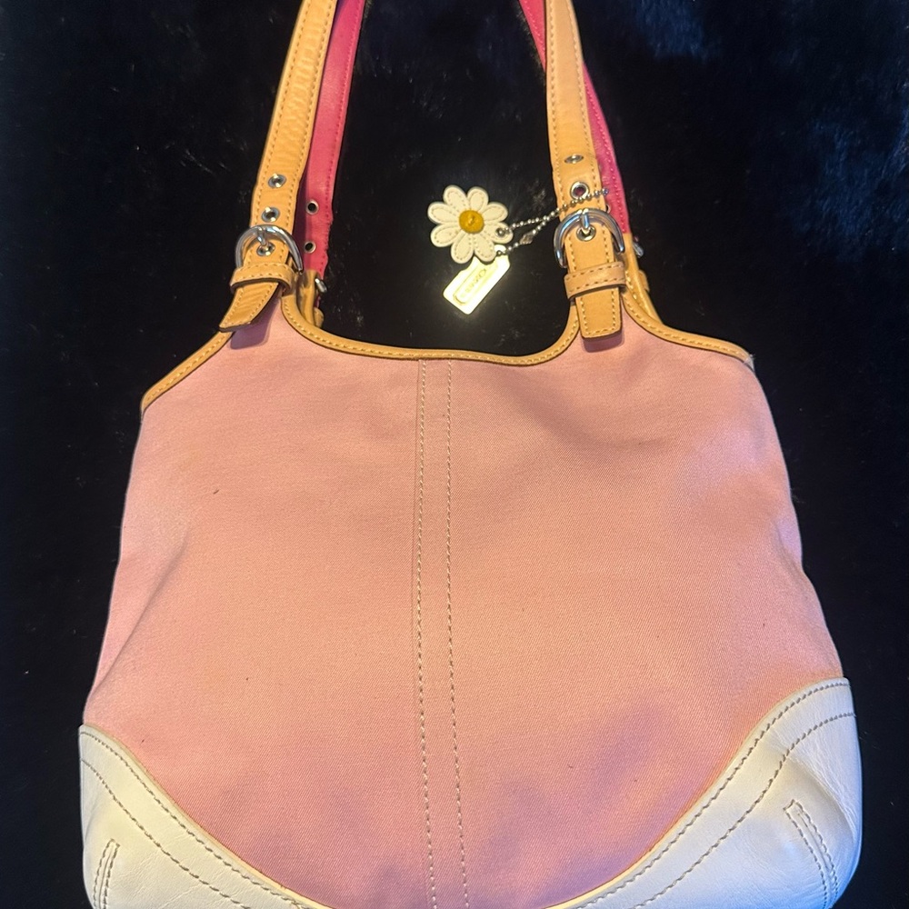Coach Pink Canvas Shoulder Bag with White Trim and Yellow/Tan Accents